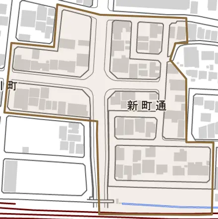 新町通とその周辺の地図。町の範囲を重ねている