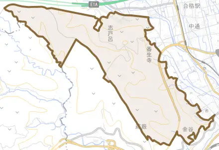 志戸呂とその周辺の地図。町の範囲を重ねている