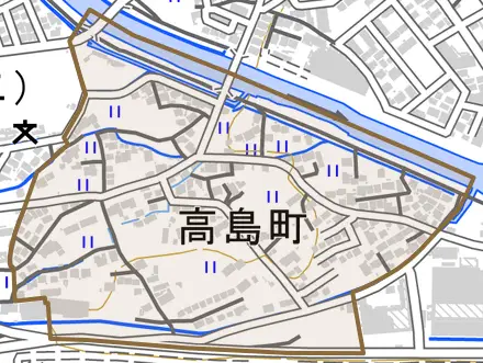 高島町とその周辺の地図。町の範囲を重ねている