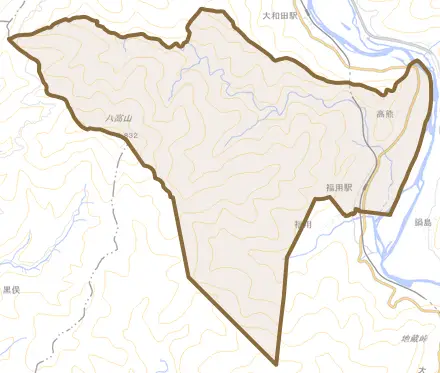 高熊とその周辺の地図。町の範囲を重ねている