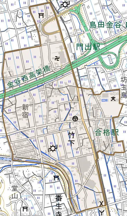 竹下とその周辺の地図。町の範囲を重ねている
