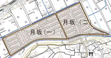 月坂とその周辺の地図。町の範囲を重ねている