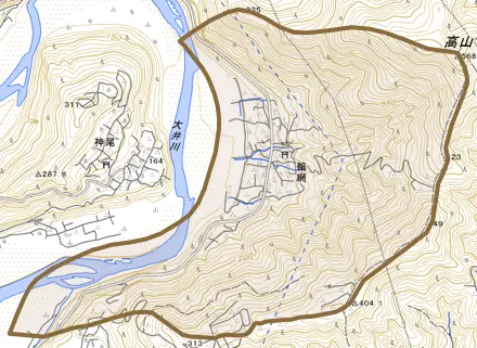 鵜網とその周辺の地図。町の範囲を重ねている