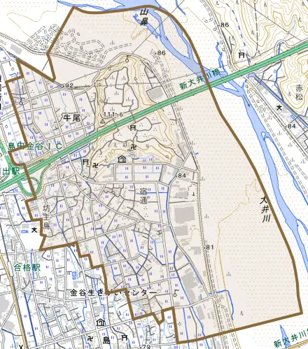 牛尾とその周辺の地図。町の範囲を重ねている