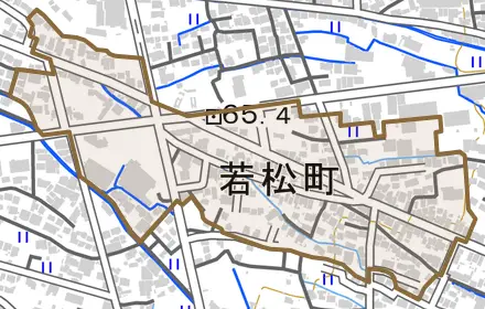 若松町とその周辺の地図。町の範囲を重ねている