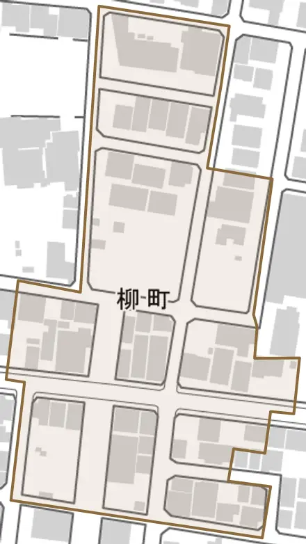 柳町とその周辺の地図。町の範囲を重ねている