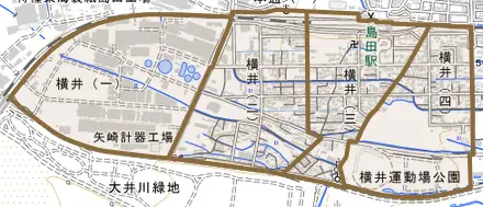 横井とその周辺の地図。町の範囲を重ねている