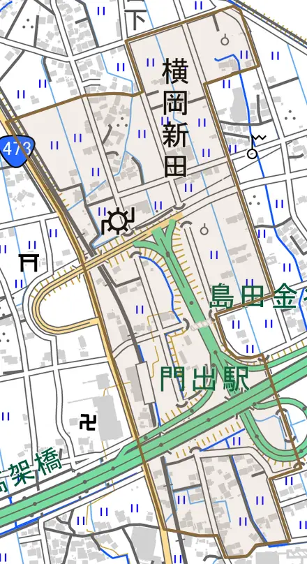 横岡新田とその周辺の地図。町の範囲を重ねている