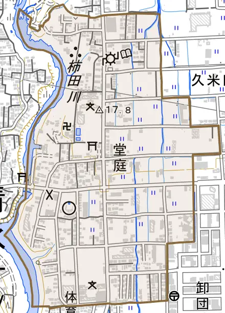 堂庭とその周辺の地図。町の範囲を重ねている