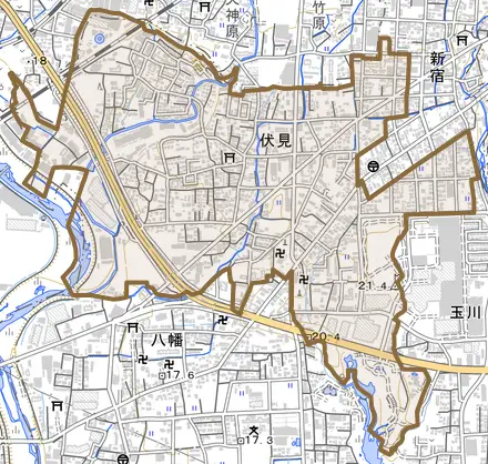 伏見とその周辺の地図。町の範囲を重ねている
