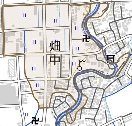 畑中とその周辺の地図。町の範囲を重ねている