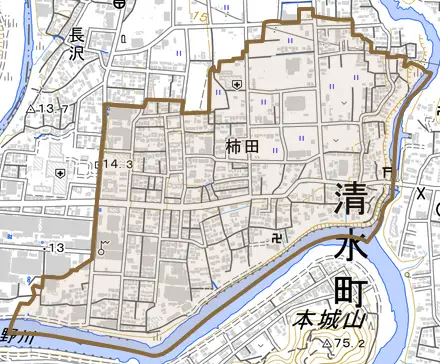 柿田とその周辺の地図。町の範囲を重ねている