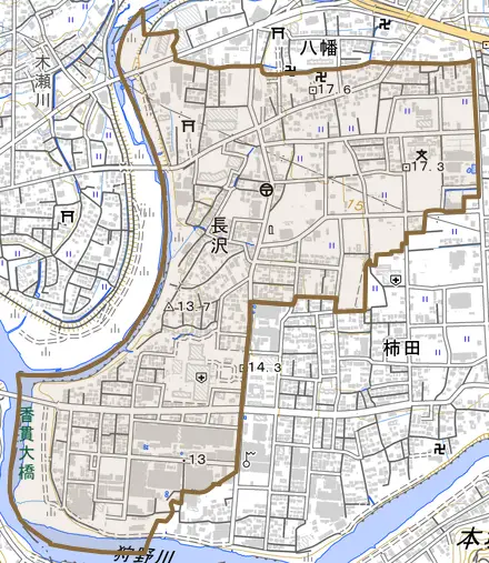 長沢とその周辺の地図。町の範囲を重ねている
