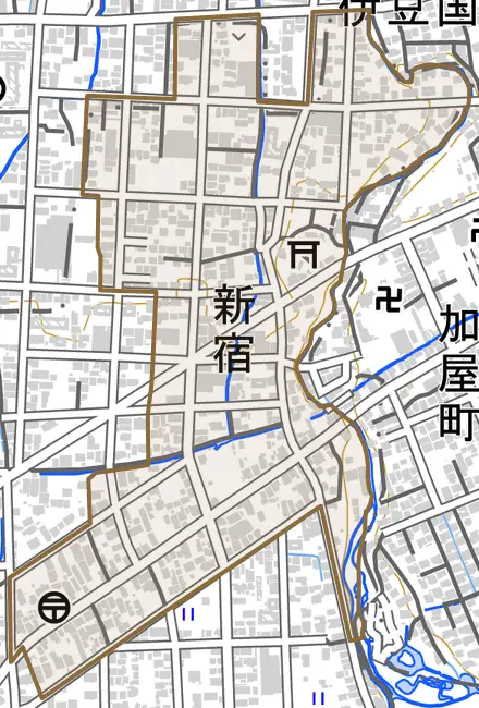 新宿とその周辺の地図。町の範囲を重ねている
