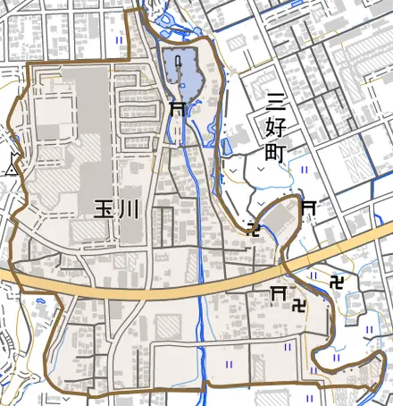 玉川とその周辺の地図。町の範囲を重ねている