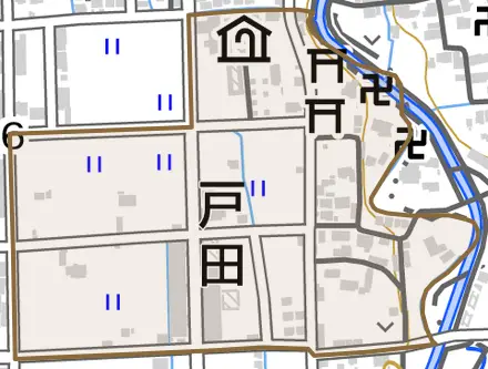 戸田とその周辺の地図。町の範囲を重ねている