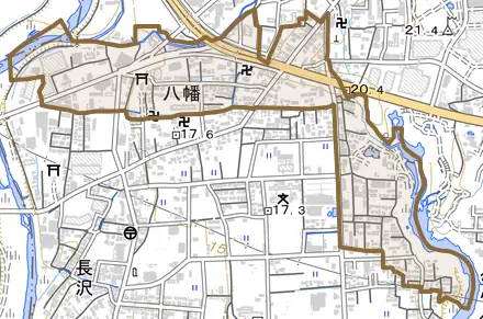 八幡とその周辺の地図。町の範囲を重ねている