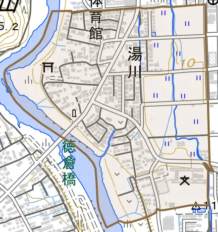 湯川とその周辺の地図。町の範囲を重ねている
