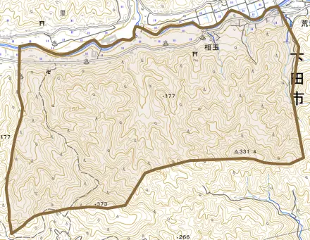 相玉とその周辺の地図。町の範囲を重ねている