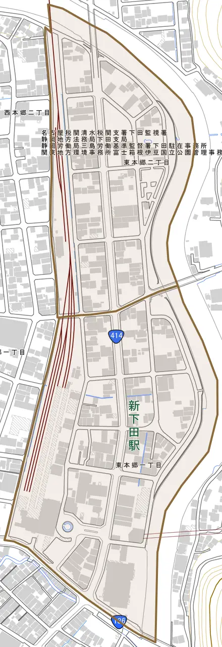 東本郷とその周辺の地図。町の範囲を重ねている