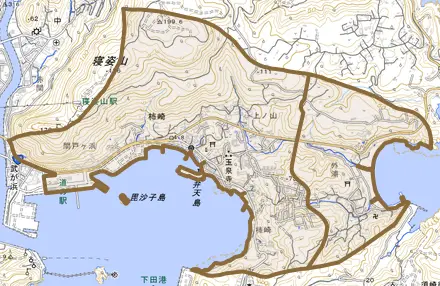 柿崎とその周辺の地図。町の範囲を重ねている