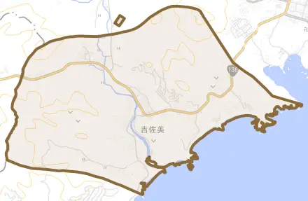 吉佐美とその周辺の地図。町の範囲を重ねている