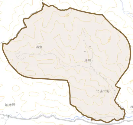 北湯ケ野とその周辺の地図。町の範囲を重ねている