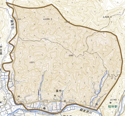 箕作とその周辺の地図。町の範囲を重ねている