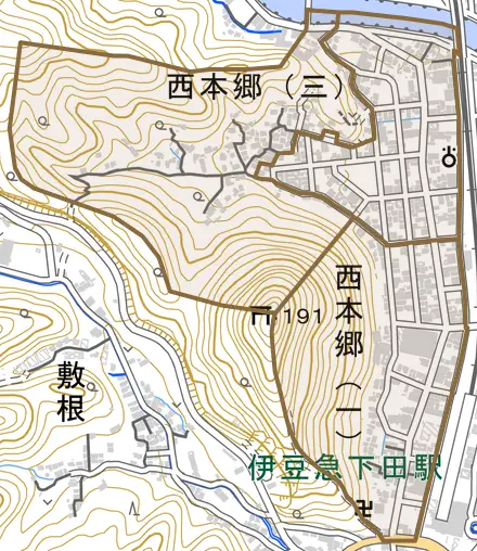 西本郷とその周辺の地図。町の範囲を重ねている
