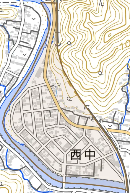 西中とその周辺の地図。町の範囲を重ねている