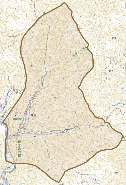落合とその周辺の地図。町の範囲を重ねている