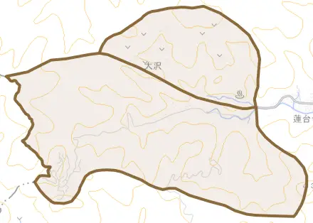 大沢とその周辺の地図。町の範囲を重ねている