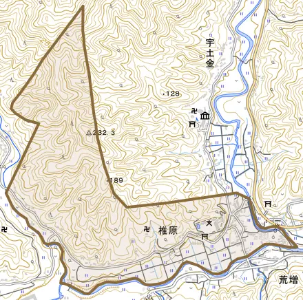 椎原とその周辺の地図。町の範囲を重ねている