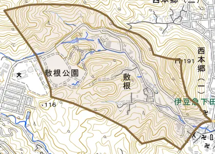 敷根とその周辺の地図。町の範囲を重ねている