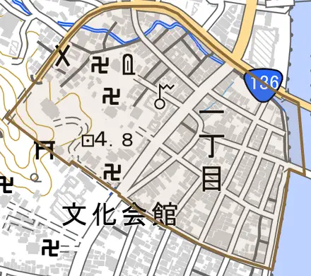 一丁目とその周辺の地図。町の範囲を重ねている