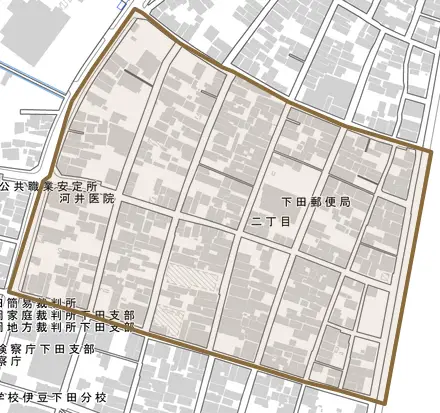 二丁目とその周辺の地図。町の範囲を重ねている