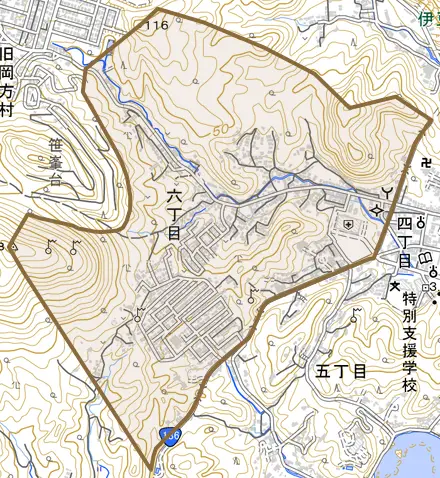 六丁目とその周辺の地図。町の範囲を重ねている