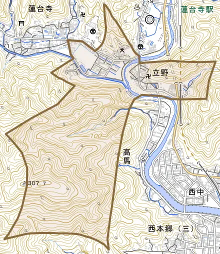 立野とその周辺の地図。町の範囲を重ねている