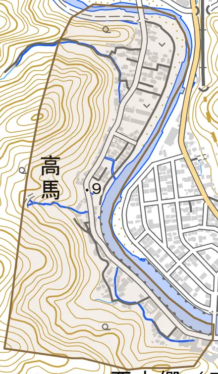 高馬とその周辺の地図。町の範囲を重ねている