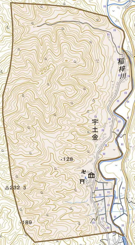 宇土金とその周辺の地図。町の範囲を重ねている