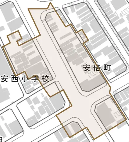 安倍町とその周辺の地図。町の範囲を重ねている