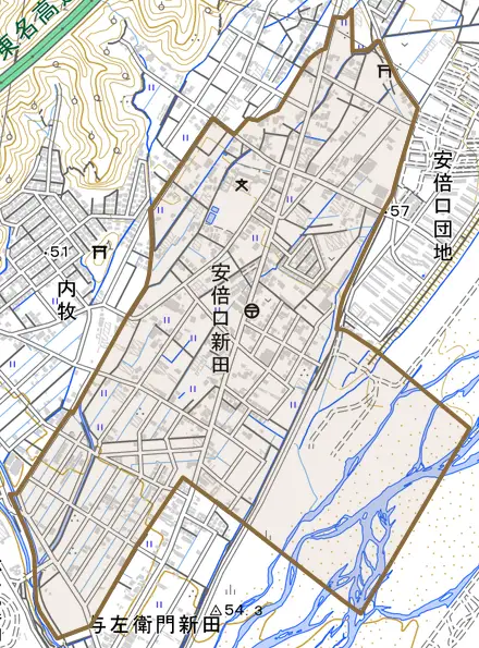 安倍口新田とその周辺の地図。町の範囲を重ねている
