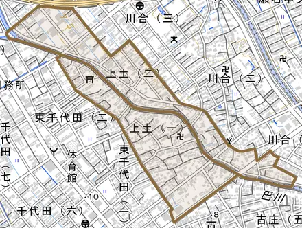上土とその周辺の地図。町の範囲を重ねている
