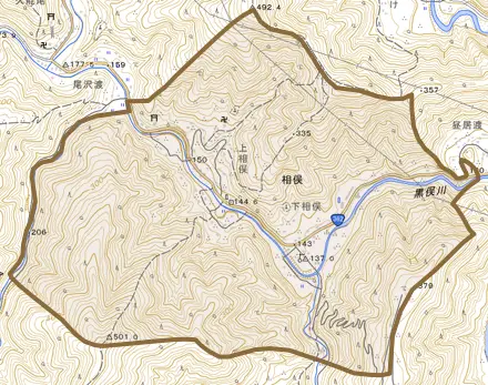 相俣とその周辺の地図。町の範囲を重ねている