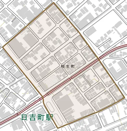 相生町とその周辺の地図。町の範囲を重ねている