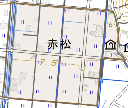 赤松とその周辺の地図。町の範囲を重ねている