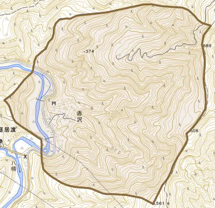 赤沢とその周辺の地図。町の範囲を重ねている