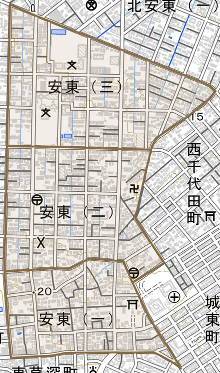 安東とその周辺の地図。町の範囲を重ねている