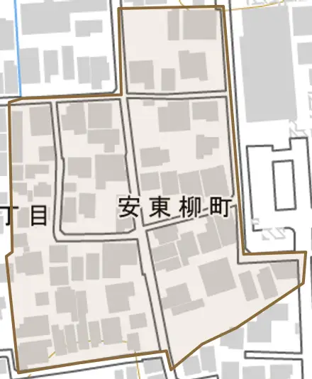 安東柳町とその周辺の地図。町の範囲を重ねている