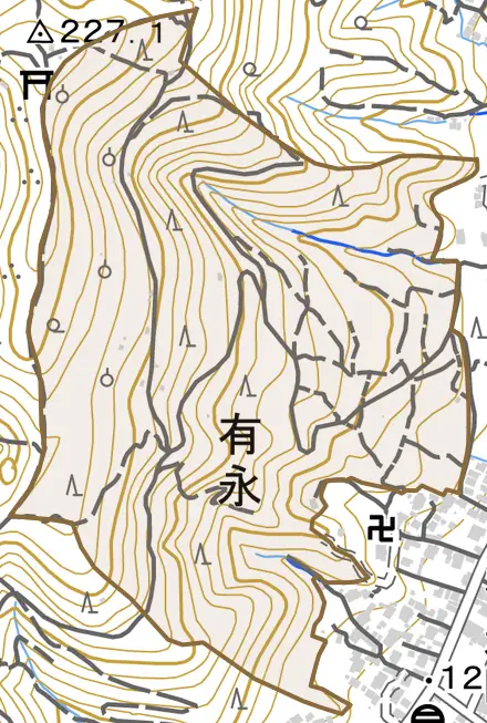 有永とその周辺の地図。町の範囲を重ねている